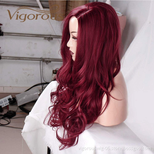 Vigorous Wholesale Cheap Side Part Burgundy Heat Resistant Fiber Body Wave Machine Made For Black Women Synthetic Hair Wigs
